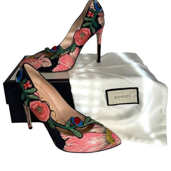 GUCCI Ophelia Embroidered Flower Heels Size 37.5 Cloth EUC Floral - Picture 2 of 12